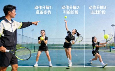 网球技术训练现场，教练指导球员发球动作分解